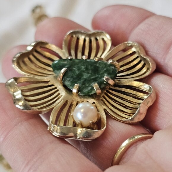 VTG Unsigned Kramer Jade Tree Bracelet Faux Pearl Clipon Earring Brooch Set Gold - Picture 14 of 16